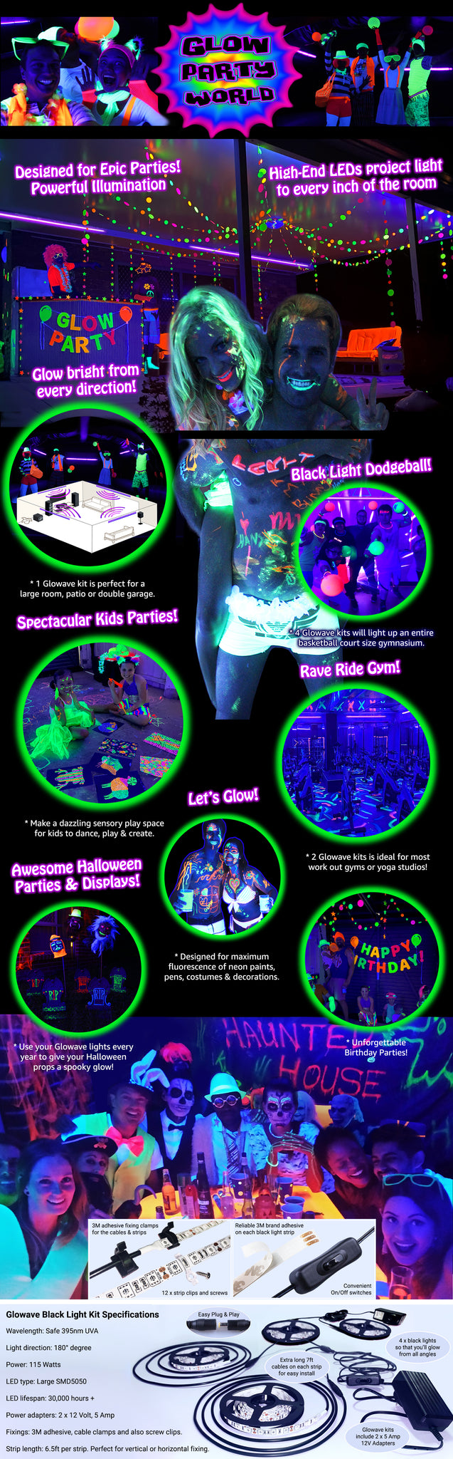 Black Lights For Glow Party! 115W Blacklight LED Strip Kit. 4 UV Lights To  Surround Your Neon Party. Ultraviolet Lighting For Big Rooms. Easy Set Up
